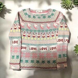 H&M Girls Valentines Day Sweater Size 4-6Y Love Hearts Unicorns Pink